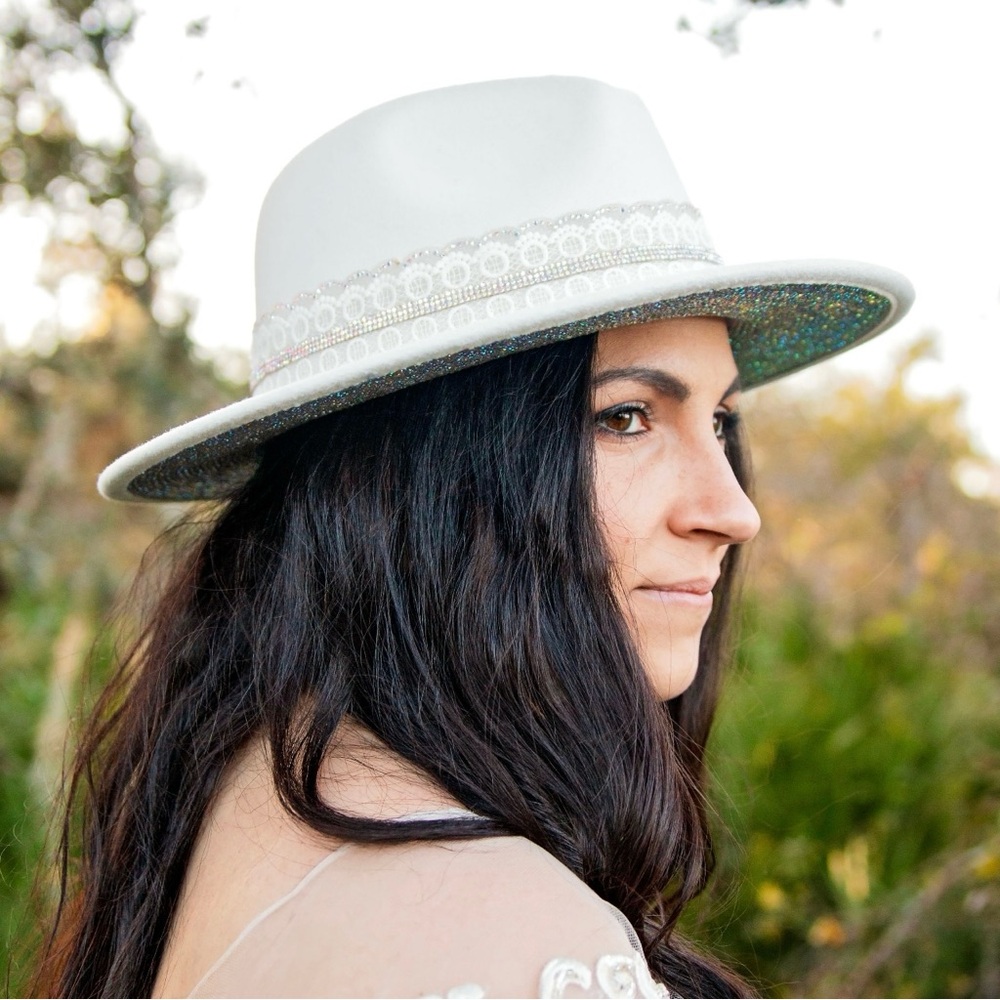 “Kassandra” Hand Embellished Wool Felt Fedora Bridal Hat with Rhinestones